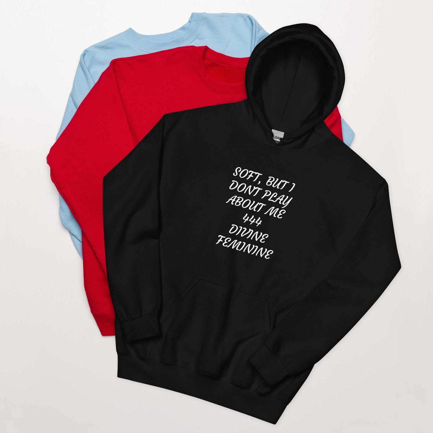 Unisex premium spiritual hoodie with kangaroo pocket and drawcord hood, heavyweight angel number apparel for energy protection and comfort