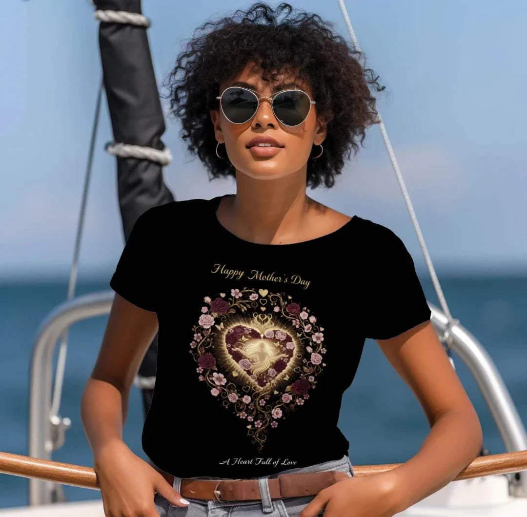 Black Heather triblend Bella + Canvas 3413C Mother's Day tee with sacred heart rose design and gold Happy Mother's Day script