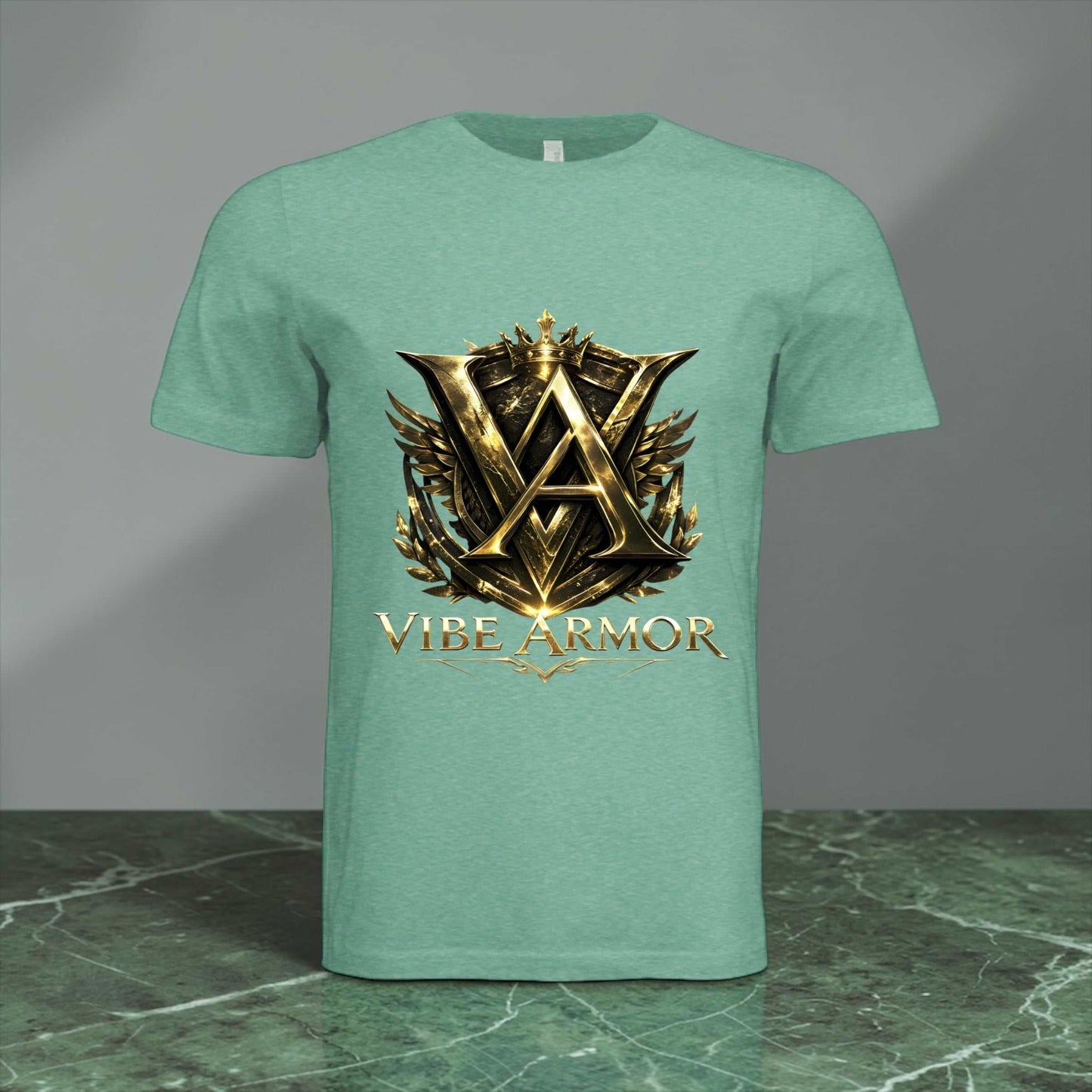 Black Vibe Armor Strong tee with premium gold metallic crest on chest