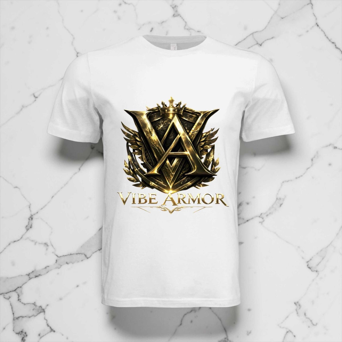 Black premium Vibe Armor Strong tee with gold metallic crest logo