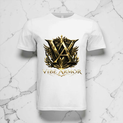 Black premium Vibe Armor Strong tee with gold metallic crest logo