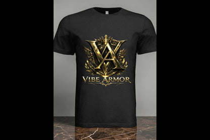 Vibe Armor Strong premium gold crest tee with metallic emblem on soft tri-blend fabric