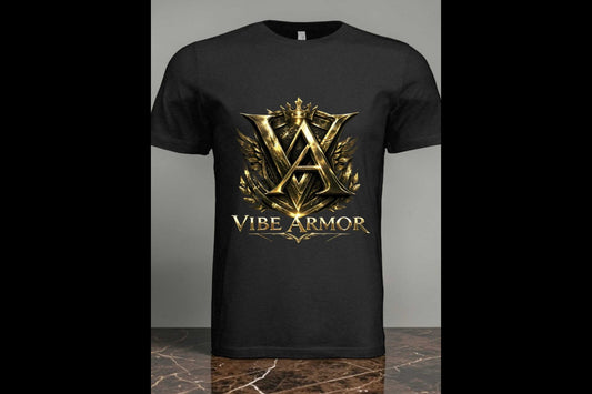 Vibe Armor Strong premium gold crest tee with metallic emblem on soft tri-blend fabric