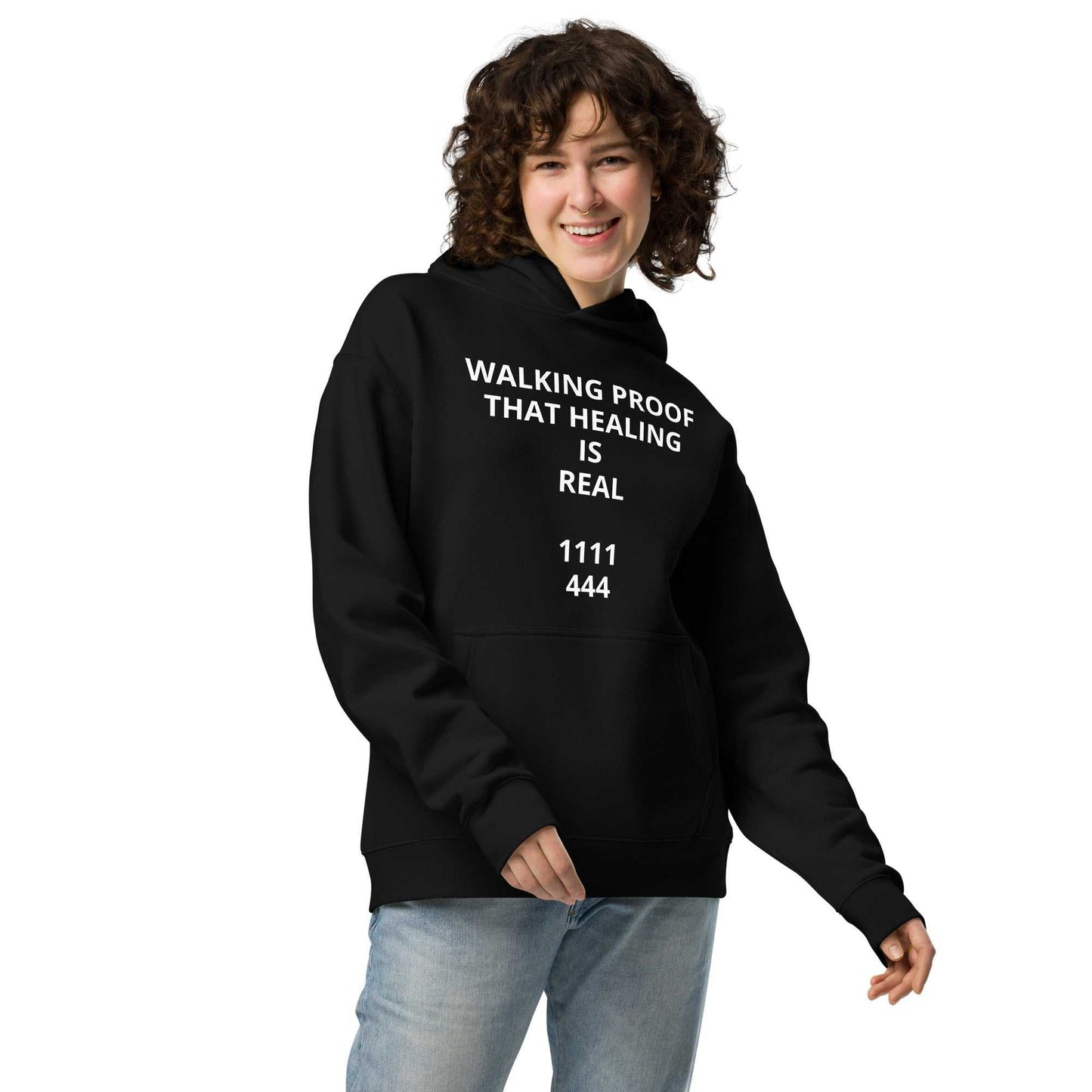 Unisex oversized heavyweight spiritual hoodie with angel number design and double-lined hood