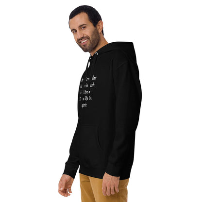 Unisex hoodie in soft cotton blend with kangaroo pocket and drawcord hood for spiritual comfort and style