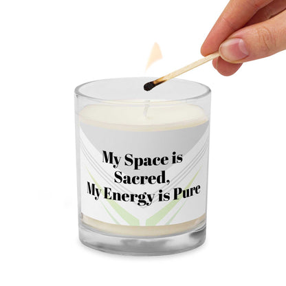 Glass jar soy wax candle in sleek vessel with soft glow for spiritual home decor