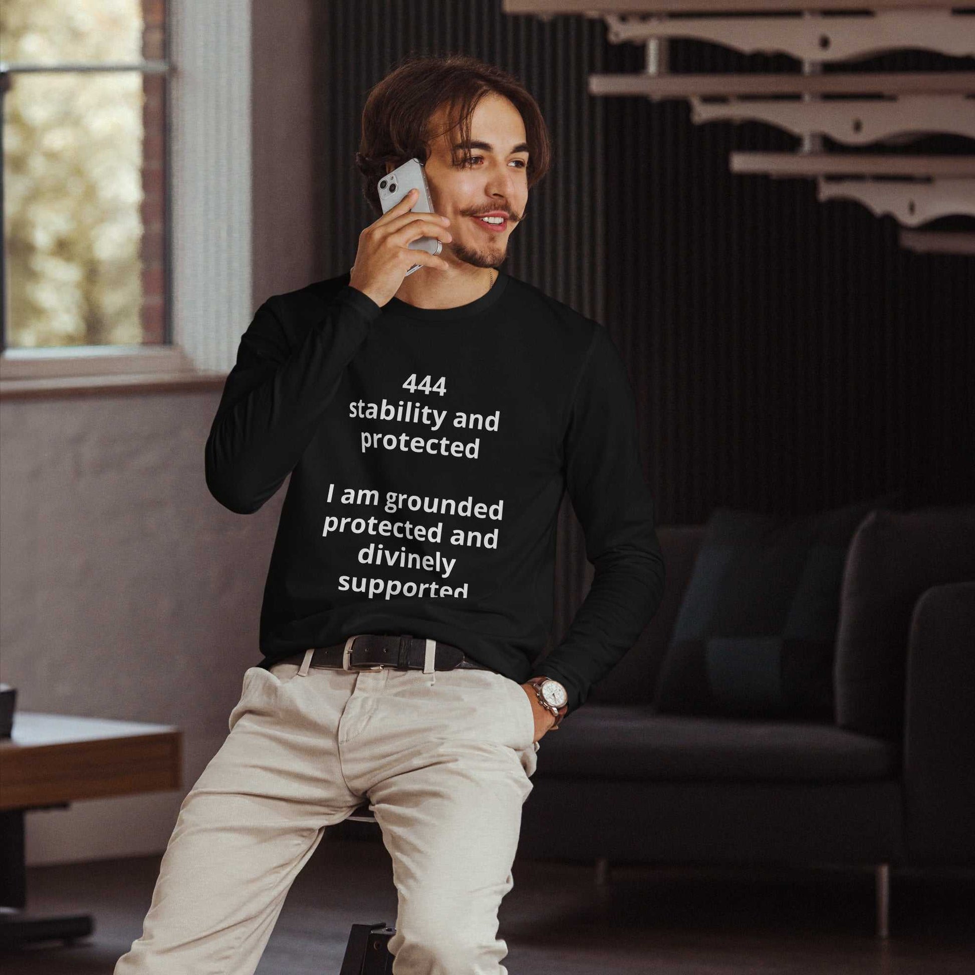Long sleeve fitted crew shirt in white with spiritual design for grounded confidence and premium comfort