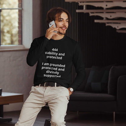 Long sleeve fitted crew shirt in white with spiritual design for grounded confidence and premium comfort