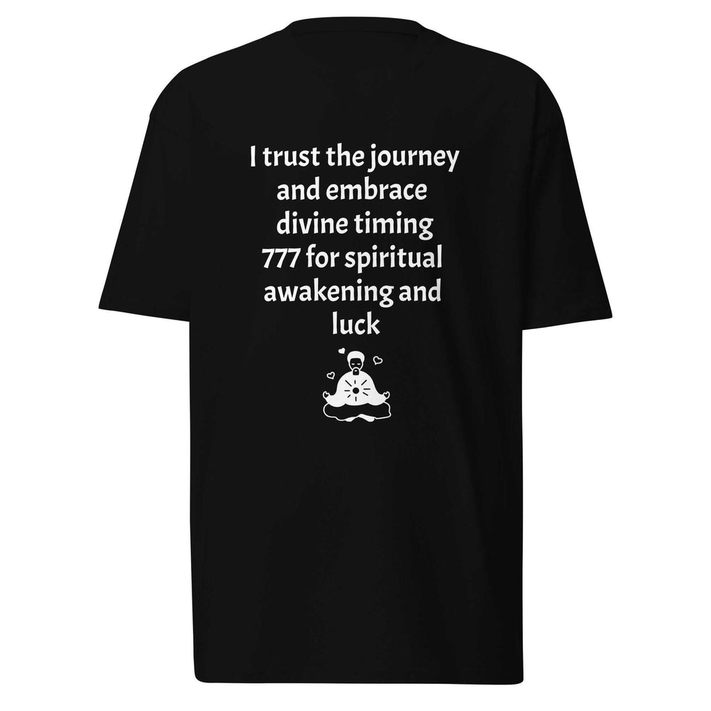 Men's premium heavyweight tee with spiritual affirmation "I trust the journey and divine timing" on charcoal heather fabric