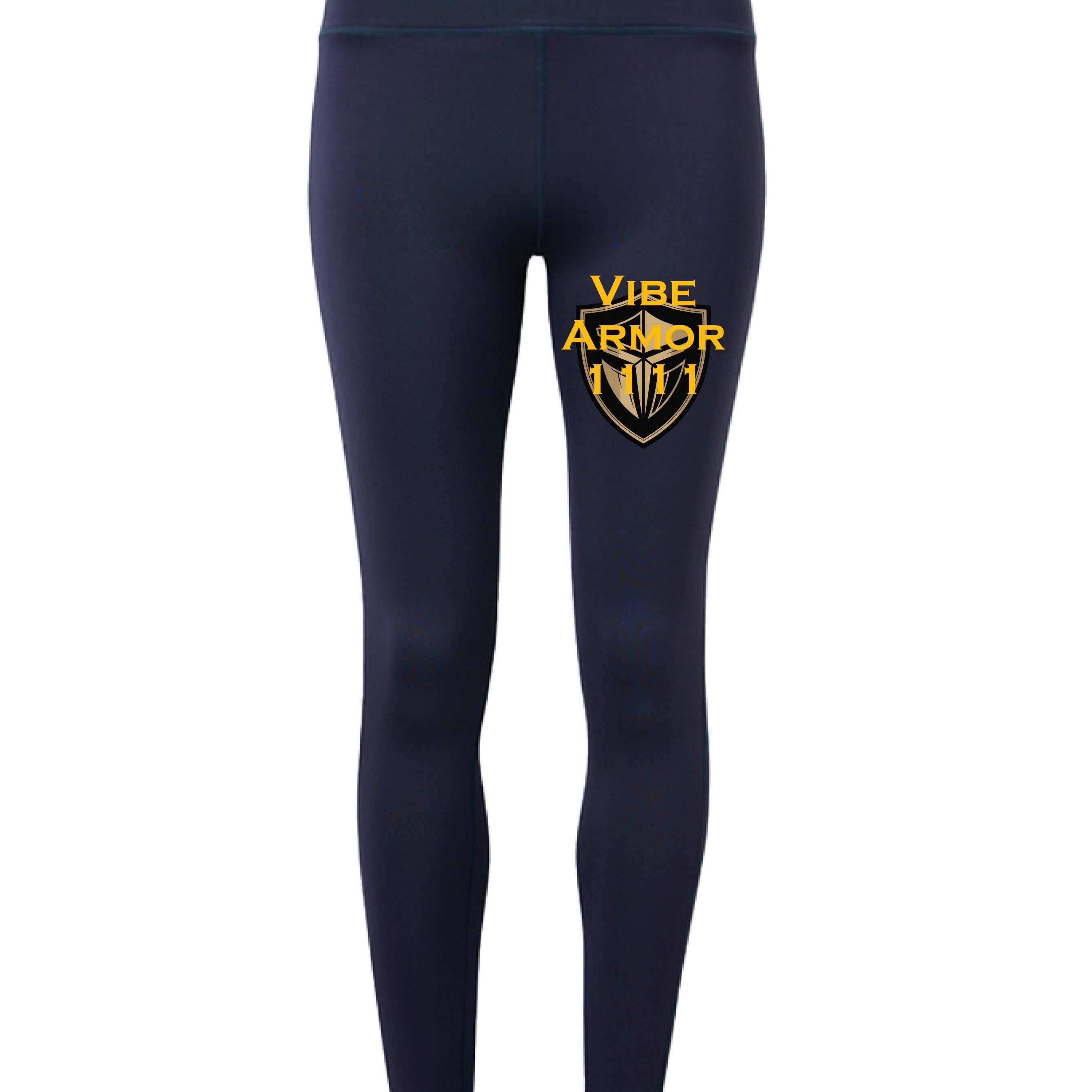 Woman wearing navy TriDri TD531 eco-conscious performance leggings with side pockets during yoga session