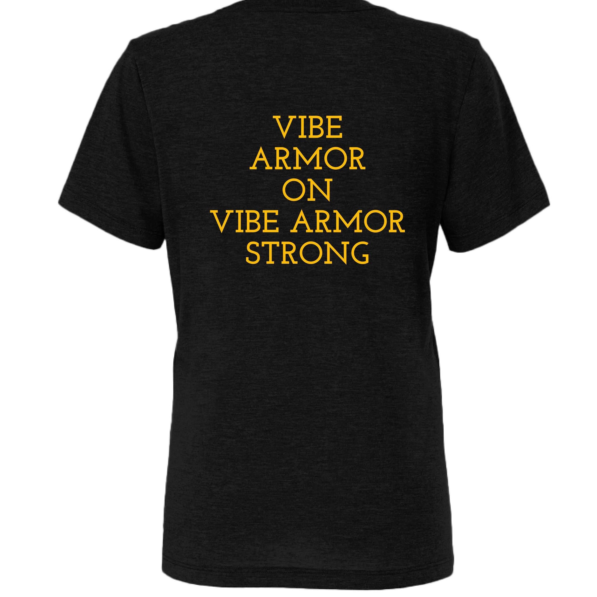 Woman wearing Vibe Armor Women's Relaxed Triblend tee by Bella + Canvas showing soft, relaxed fit premium spiritual apparel
