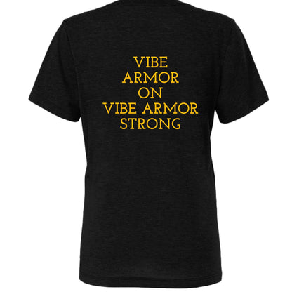 Woman wearing Vibe Armor Women's Relaxed Triblend tee by Bella + Canvas showing soft, relaxed fit premium spiritual apparel