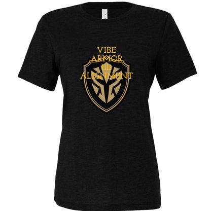 Vibe Armor women's relaxed triblend Bella + Canvas t-shirt in charcoal black with soft, breathable fabric and spiritual design