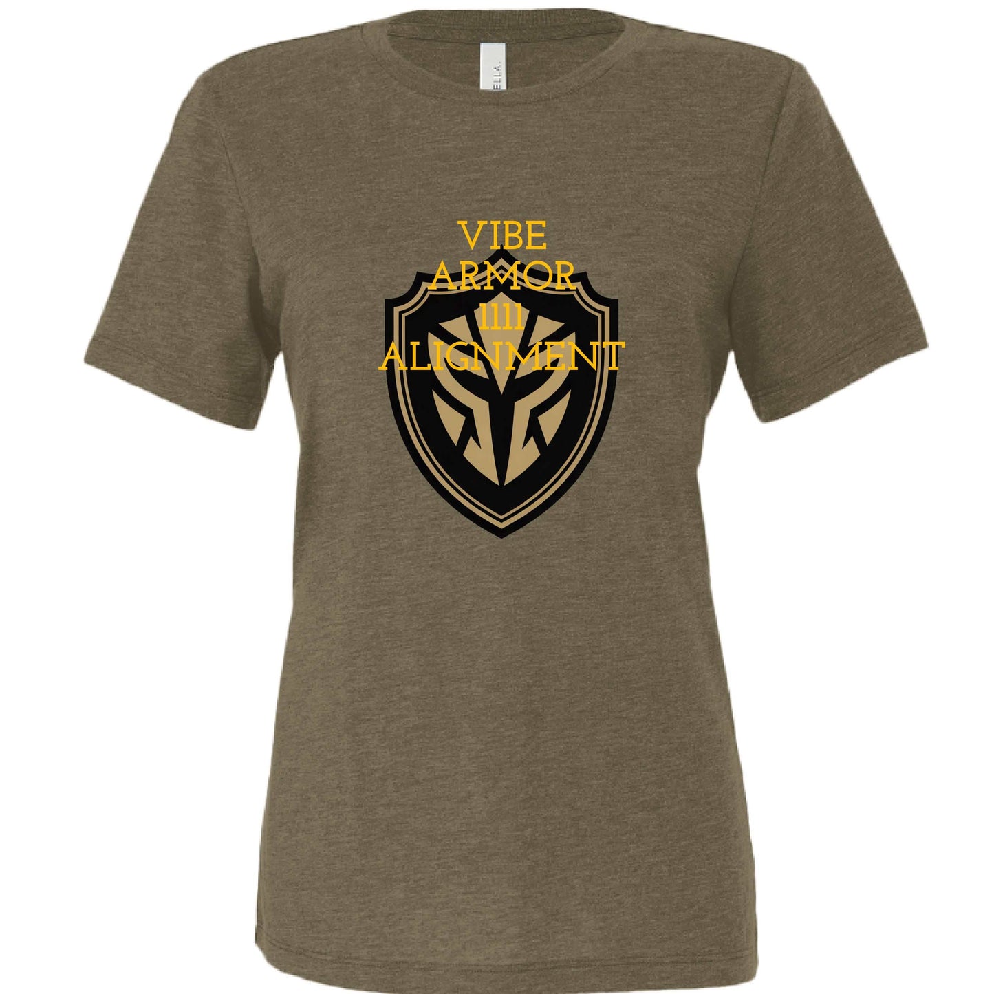 Woman wearing Vibe Armor Women's Relaxed Triblend Bella + Canvas T-Shirt in a relaxed fit with spiritual apparel design
