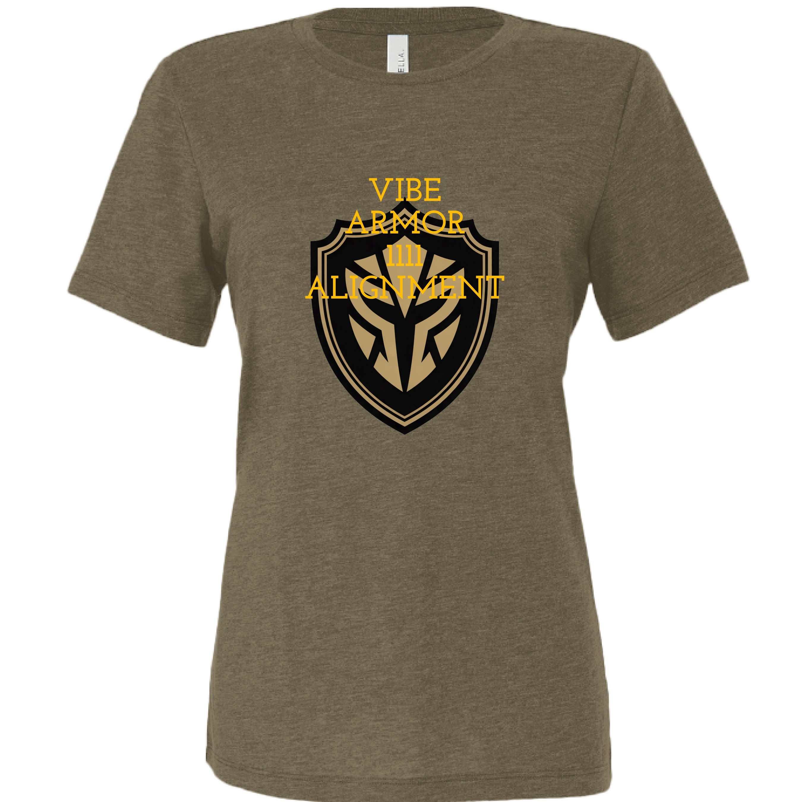 Woman wearing Vibe Armor Women's Relaxed Triblend Bella + Canvas T-Shirt in a relaxed fit with spiritual apparel design