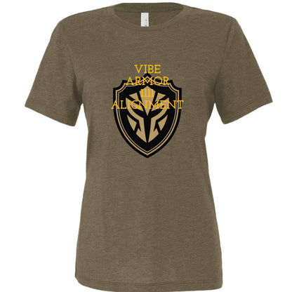 Woman wearing Vibe Armor Women's Relaxed Triblend Bella + Canvas T-Shirt in a relaxed fit with spiritual apparel design