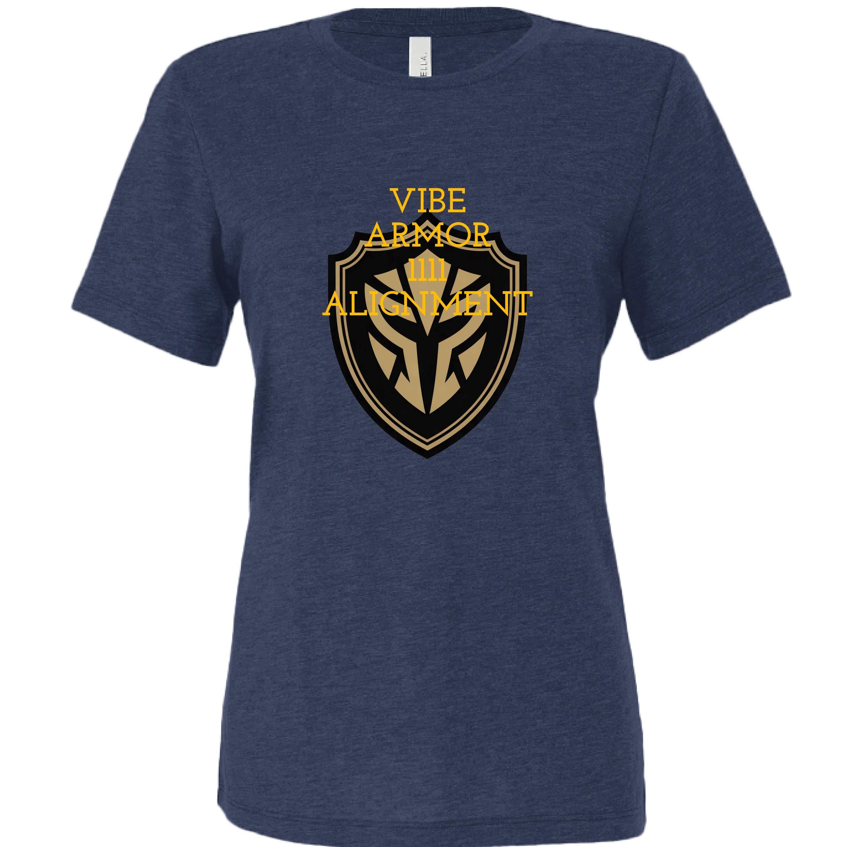 Woman wearing Vibe Armor Women's Relaxed Triblend Bella + Canvas T-Shirt in casual relaxed fit