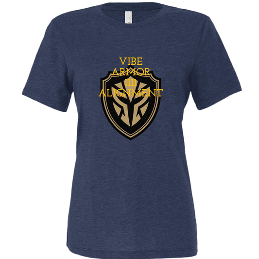 Woman wearing Vibe Armor Women's Relaxed Triblend Bella + Canvas T-Shirt in casual relaxed fit