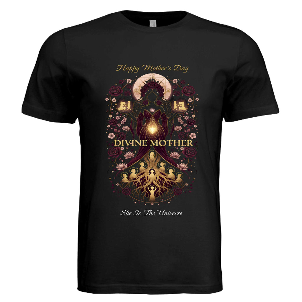 Divine Mother Unisex Tee featuring Bella + Canvas 3413C with celestial goddess artwork and cosmic crown for Mother's Day gift