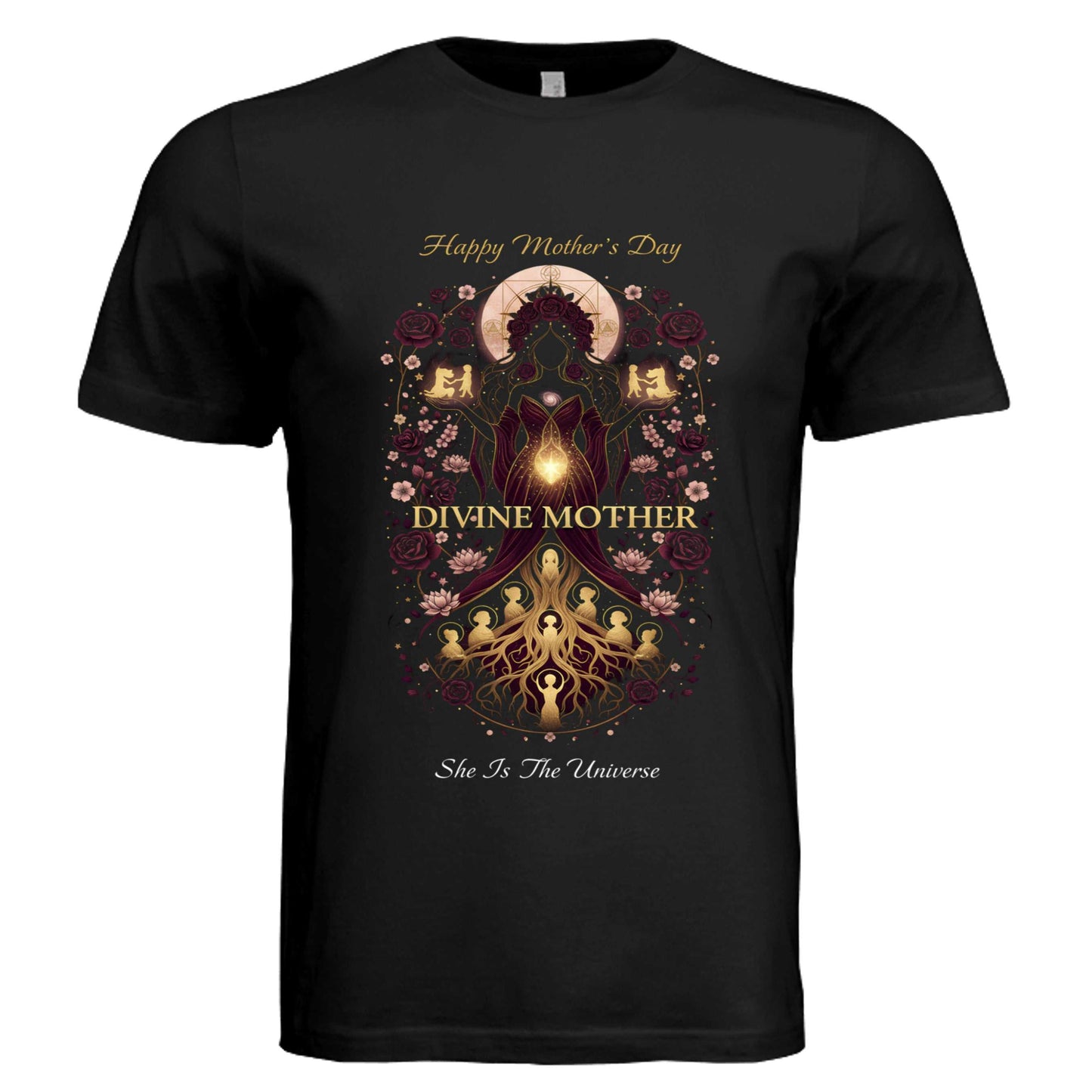 Divine Mother Unisex Tee featuring Bella + Canvas 3413C with celestial goddess artwork and cosmic crown for Mother's Day gift