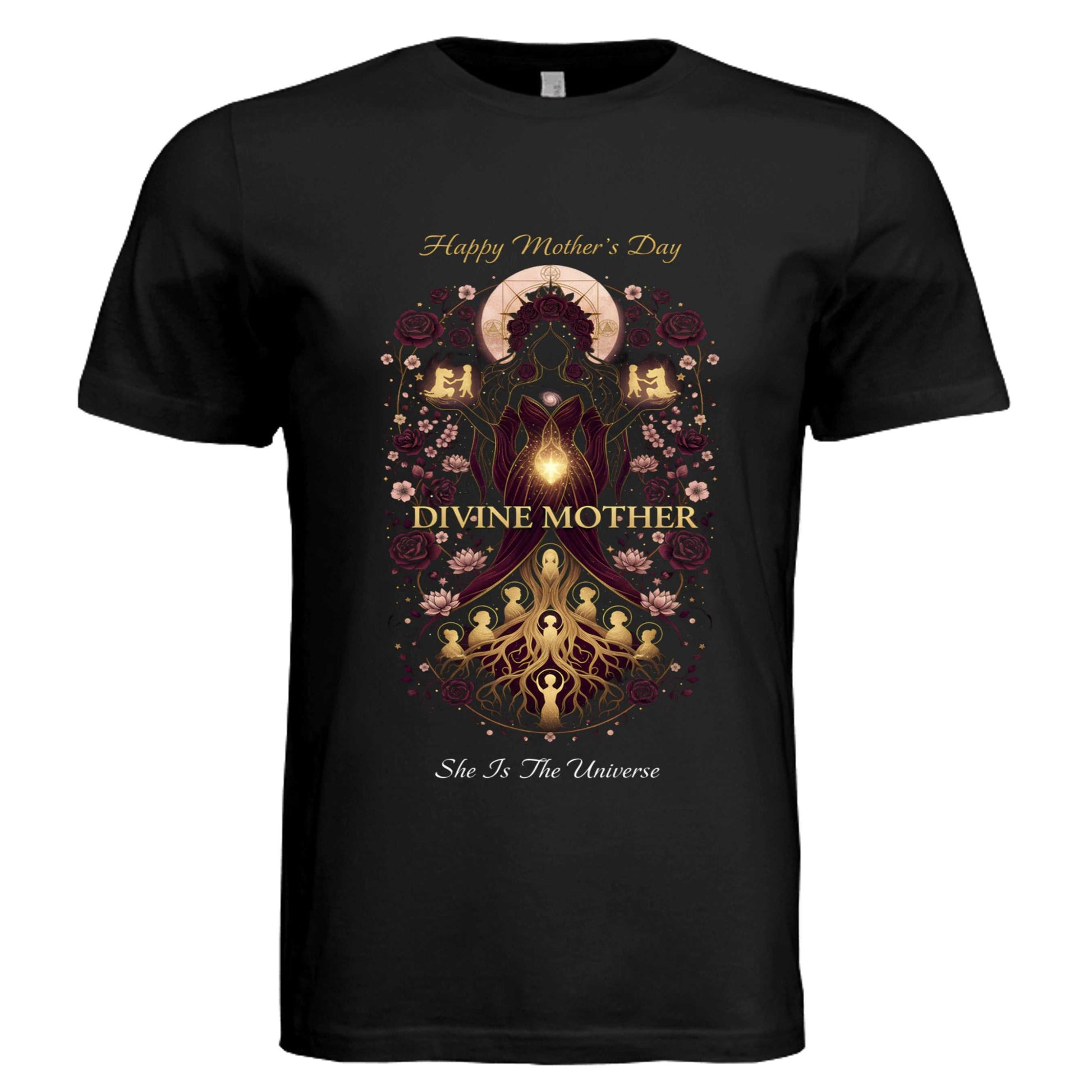 Divine Mother Unisex Tee featuring Bella + Canvas 3413C with celestial goddess artwork and cosmic crown for Mother's Day gift