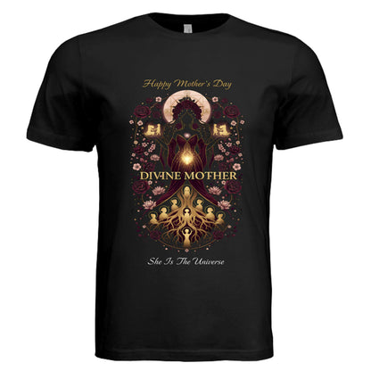 Divine Mother Unisex Tee featuring Bella + Canvas 3413C with celestial goddess artwork and cosmic crown for Mother's Day gift