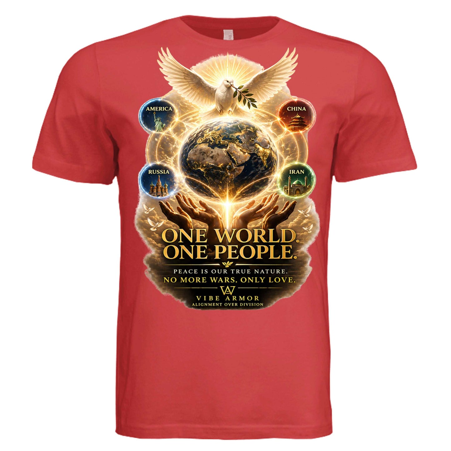 World Peace Tee by Vibe Armor with peace message on ultra-soft triblend fabric in white, red, and black colors