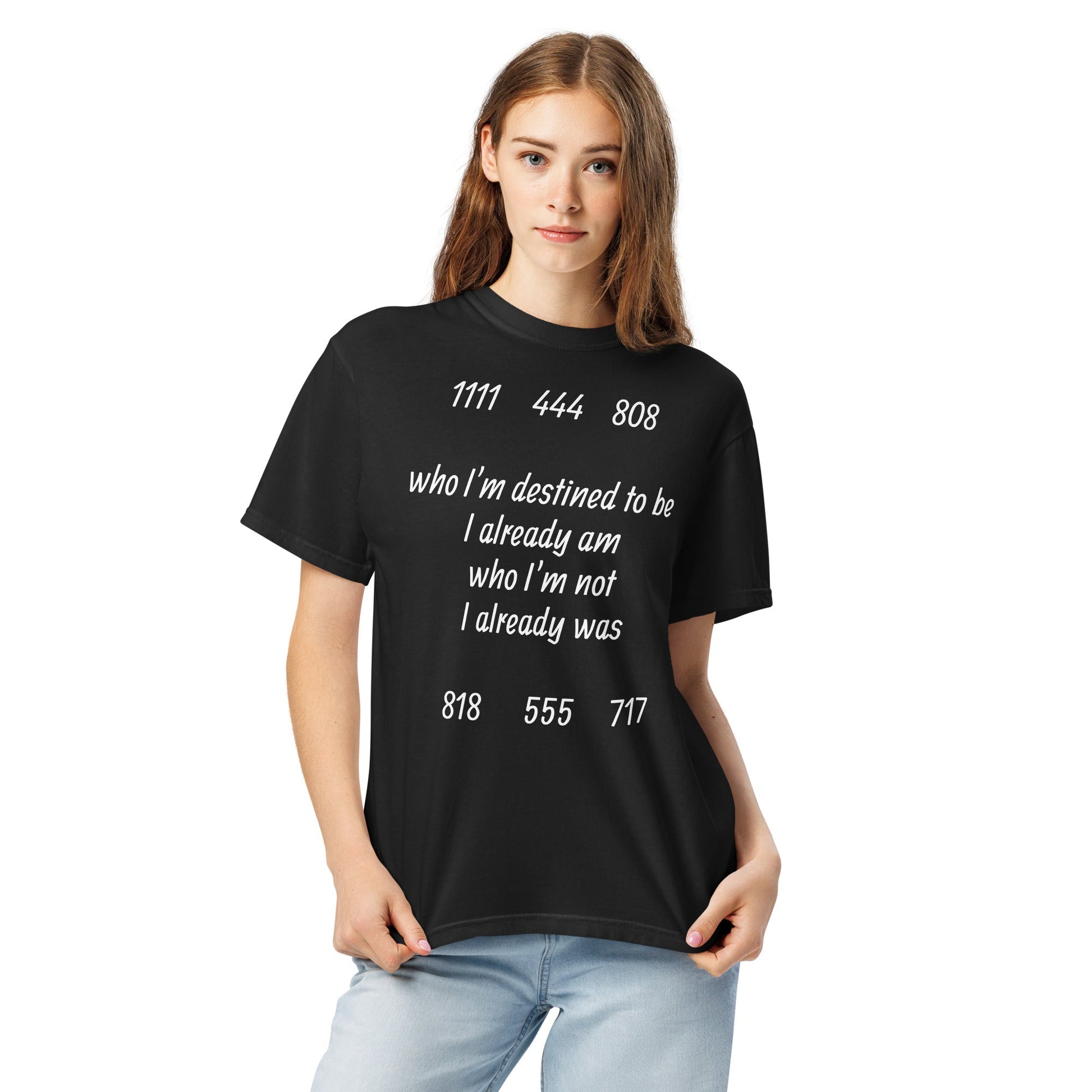 Unisex garment-dyed Alignment Protocol Frequency Series tee with symbolic frequency numbers and empowering text