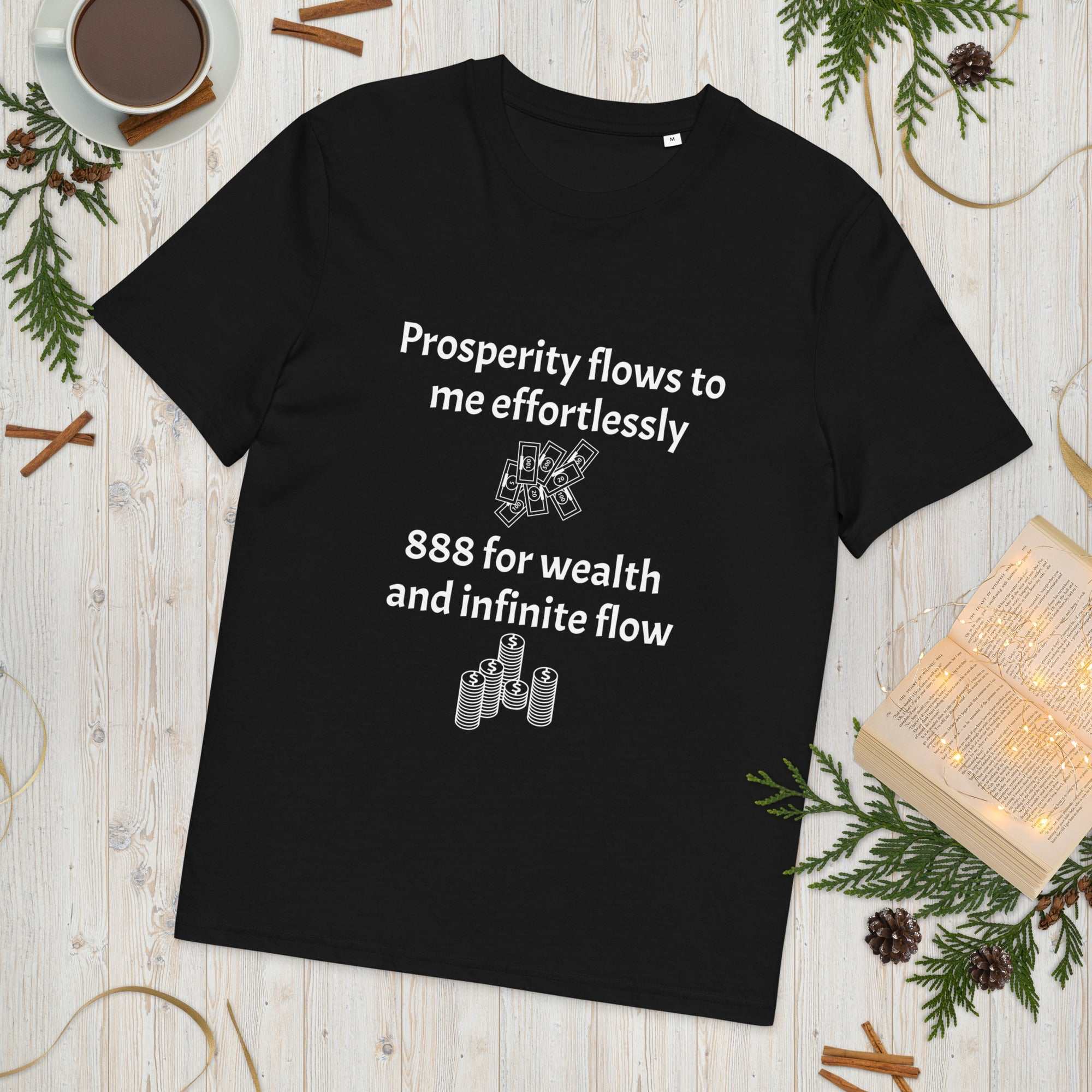 Black unisex organic cotton t-shirt with prosperity and wealth affirmation text and graphics on front