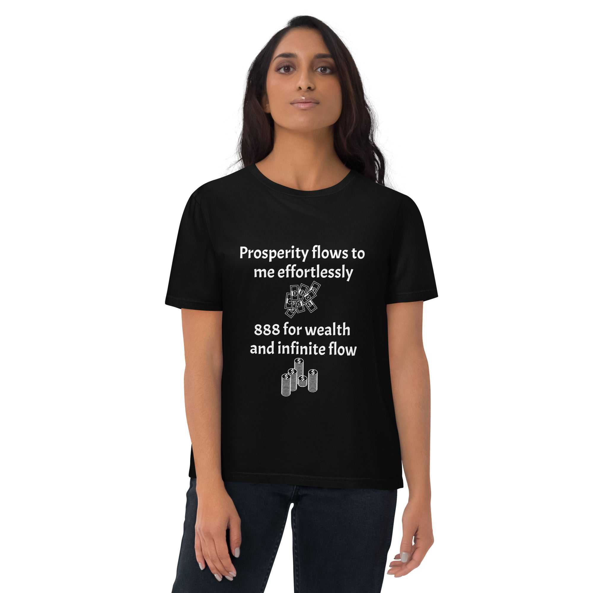 Unisex organic cotton black t-shirt with prosperity and wealth affirmation text and graphics