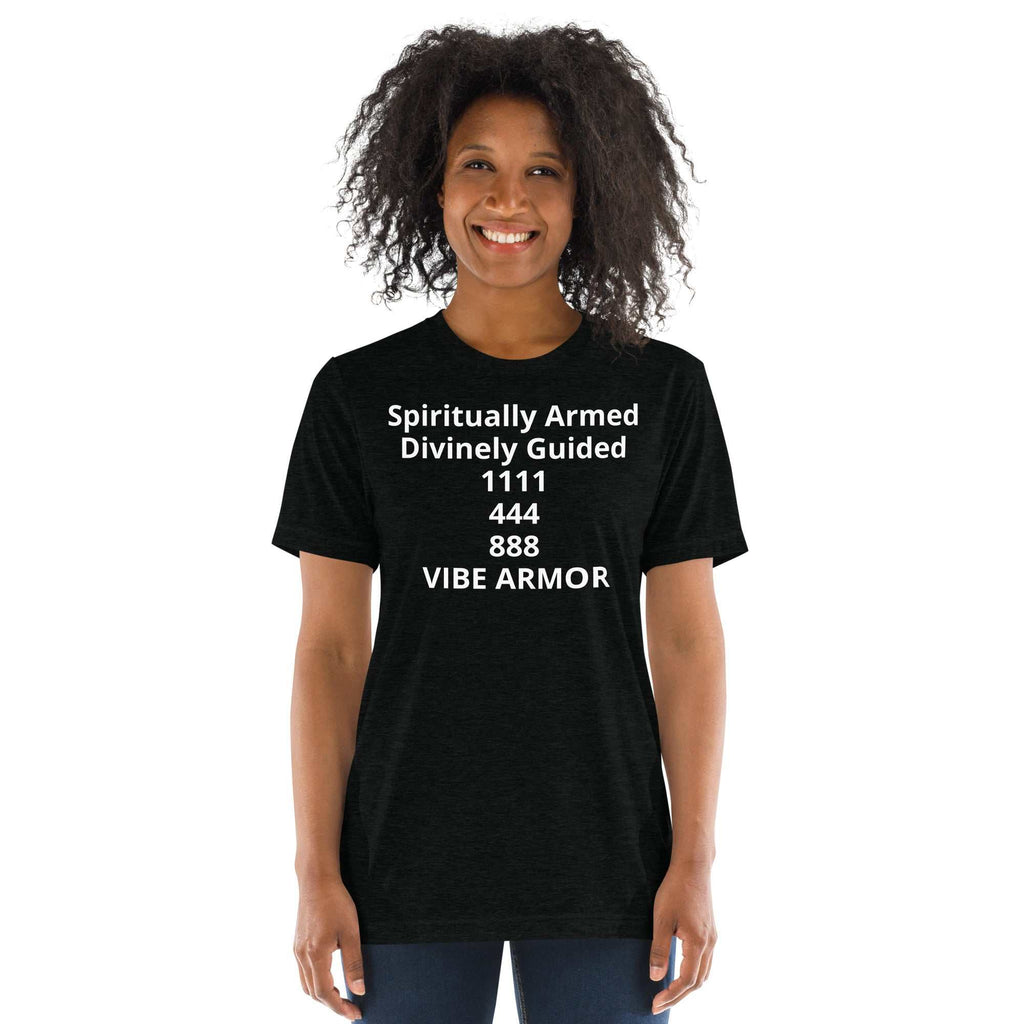 Short sleeve t-shirt with spiritual performance design and breathable tri-blend fabric