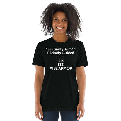 Short sleeve t-shirt with spiritual performance design and breathable tri-blend fabric