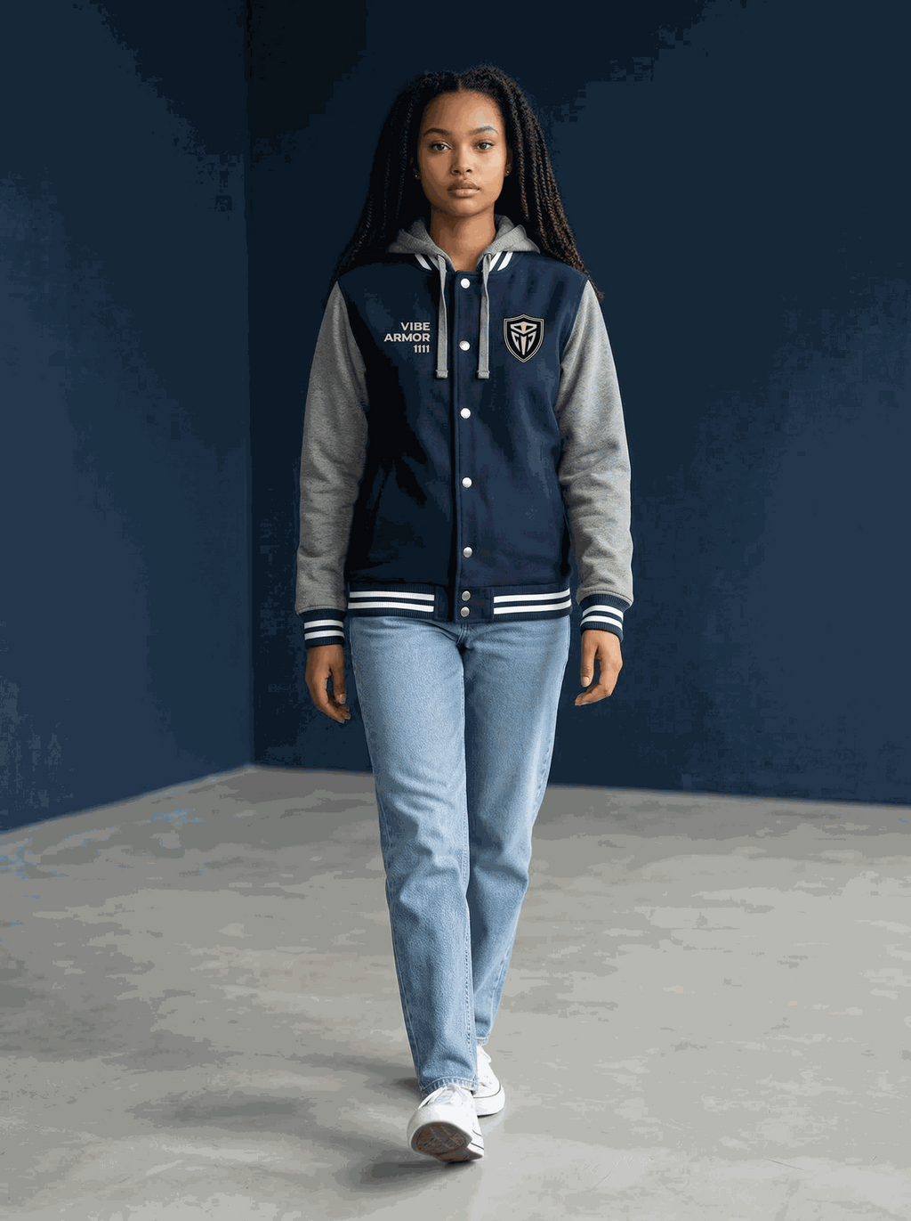 Vibe Armor Varsity Jacket premium insulated letterman with detachable hood and quilted warmth