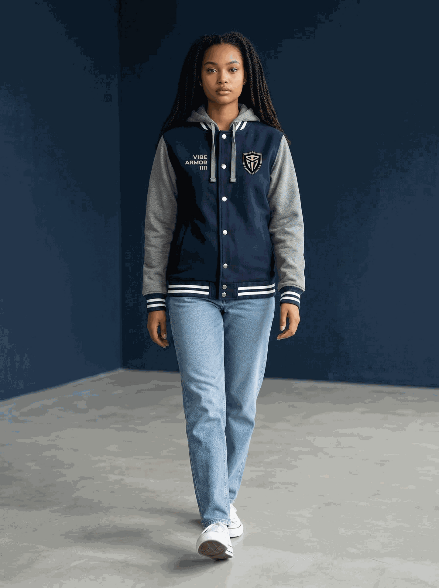 Vibe Armor Varsity Jacket premium insulated letterman with detachable hood and quilted warmth