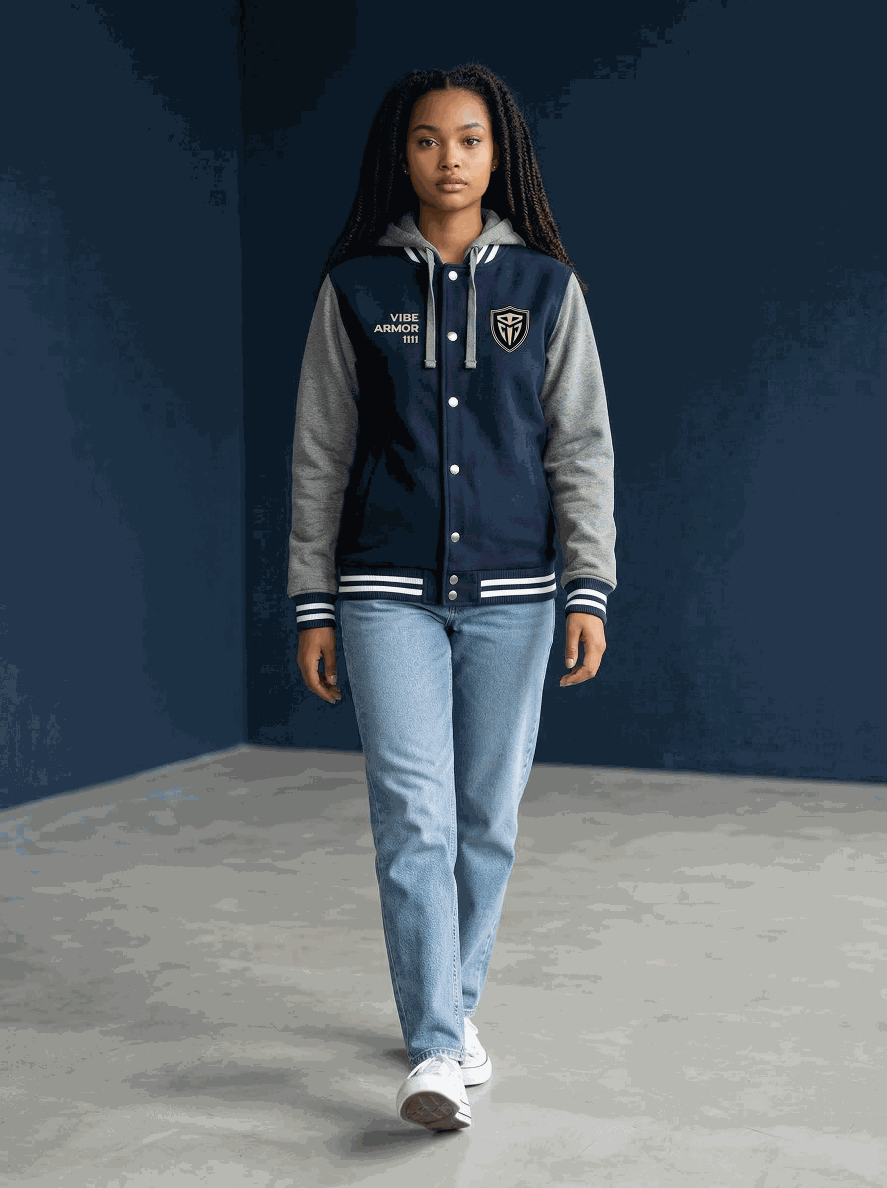 Vibe Armor Varsity Jacket premium insulated letterman with detachable hood and quilted warmth