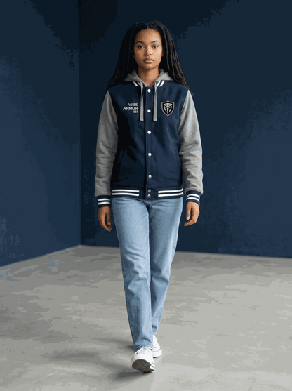 Vibe Armor Varsity Jacket premium insulated letterman with detachable hood and quilted warmth