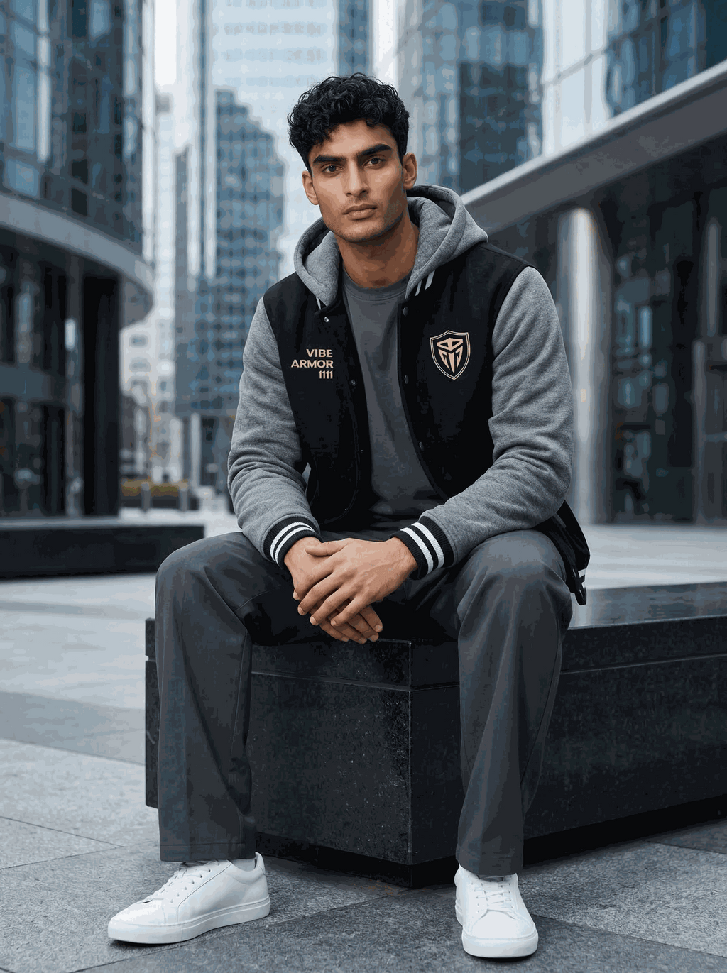 Vibe Armor Varsity Jacket premium insulated letterman with detachable hood and quilted warmth in black and vintage heather colors