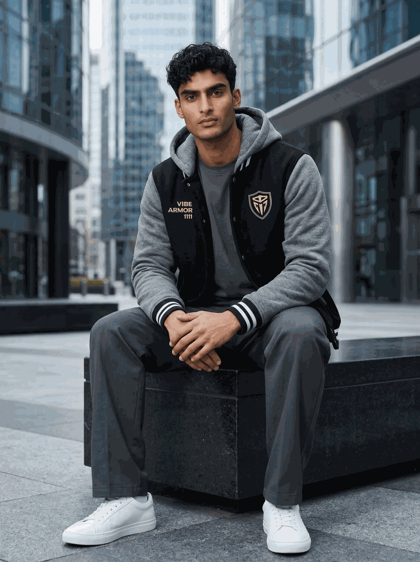 Vibe Armor Varsity Jacket premium insulated letterman with detachable hood and quilted warmth in black and vintage heather colors