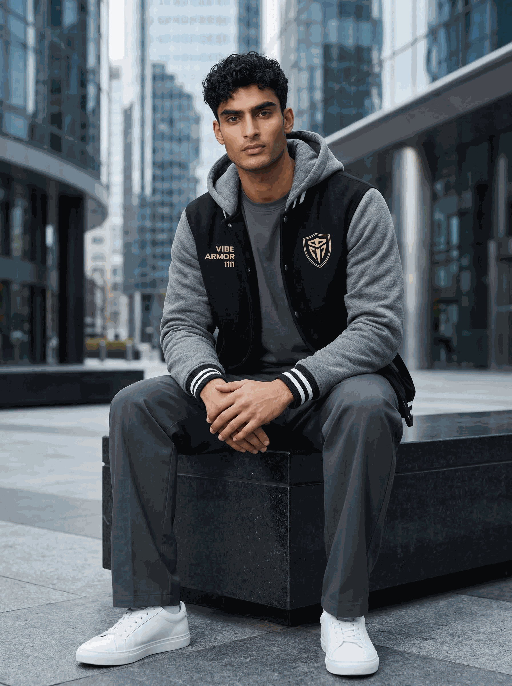 Vibe Armor Varsity Jacket premium insulated letterman with detachable hood and quilted warmth in black and vintage heather colors