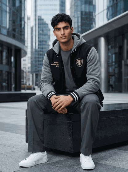 Vibe Armor Varsity Jacket premium insulated letterman with detachable hood and quilted warmth in black and vintage heather colors